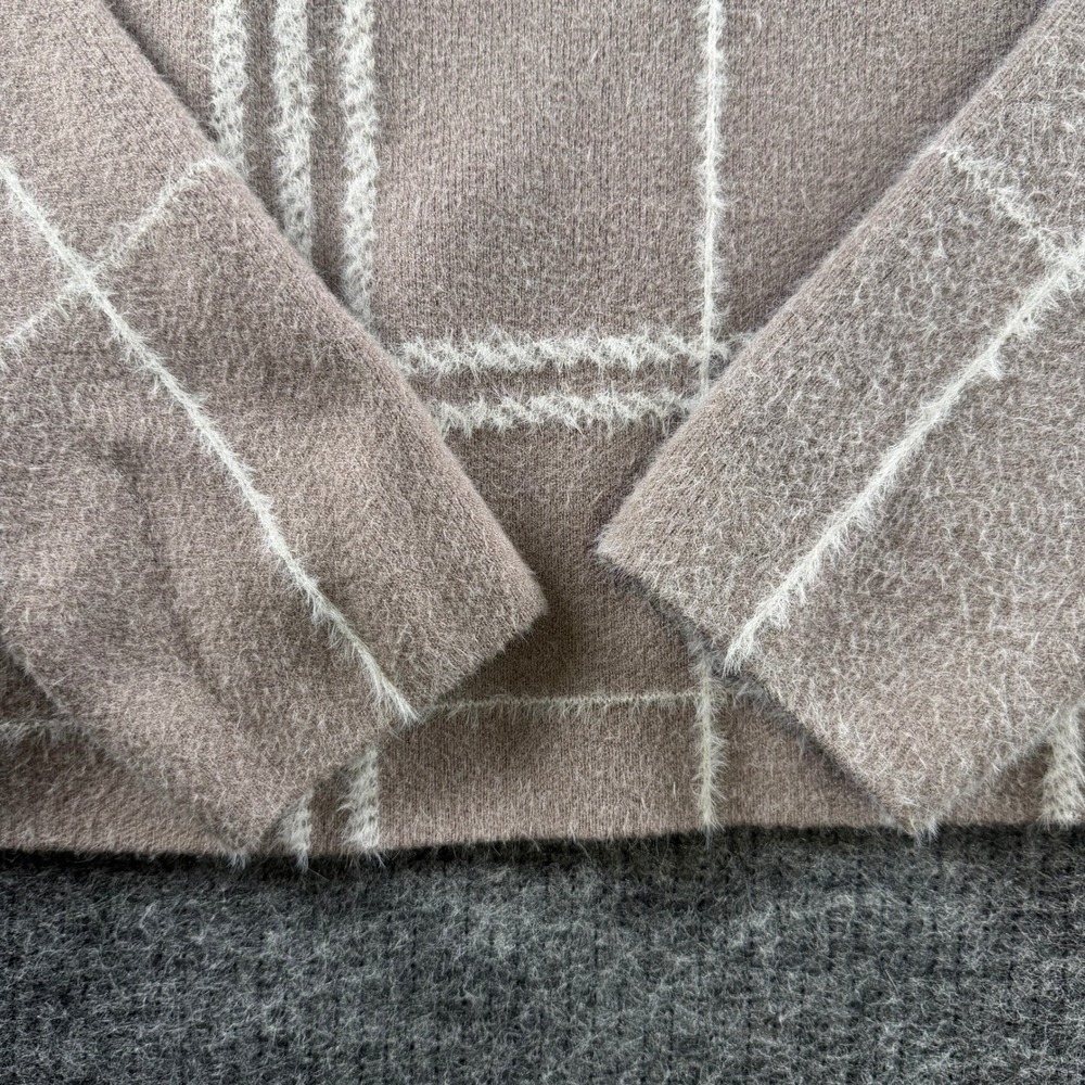 Tahari Womens Tan Plaid Fuzzy Mock Neck Sweater Size Large Windowpane Knit - Picture 2 of 8